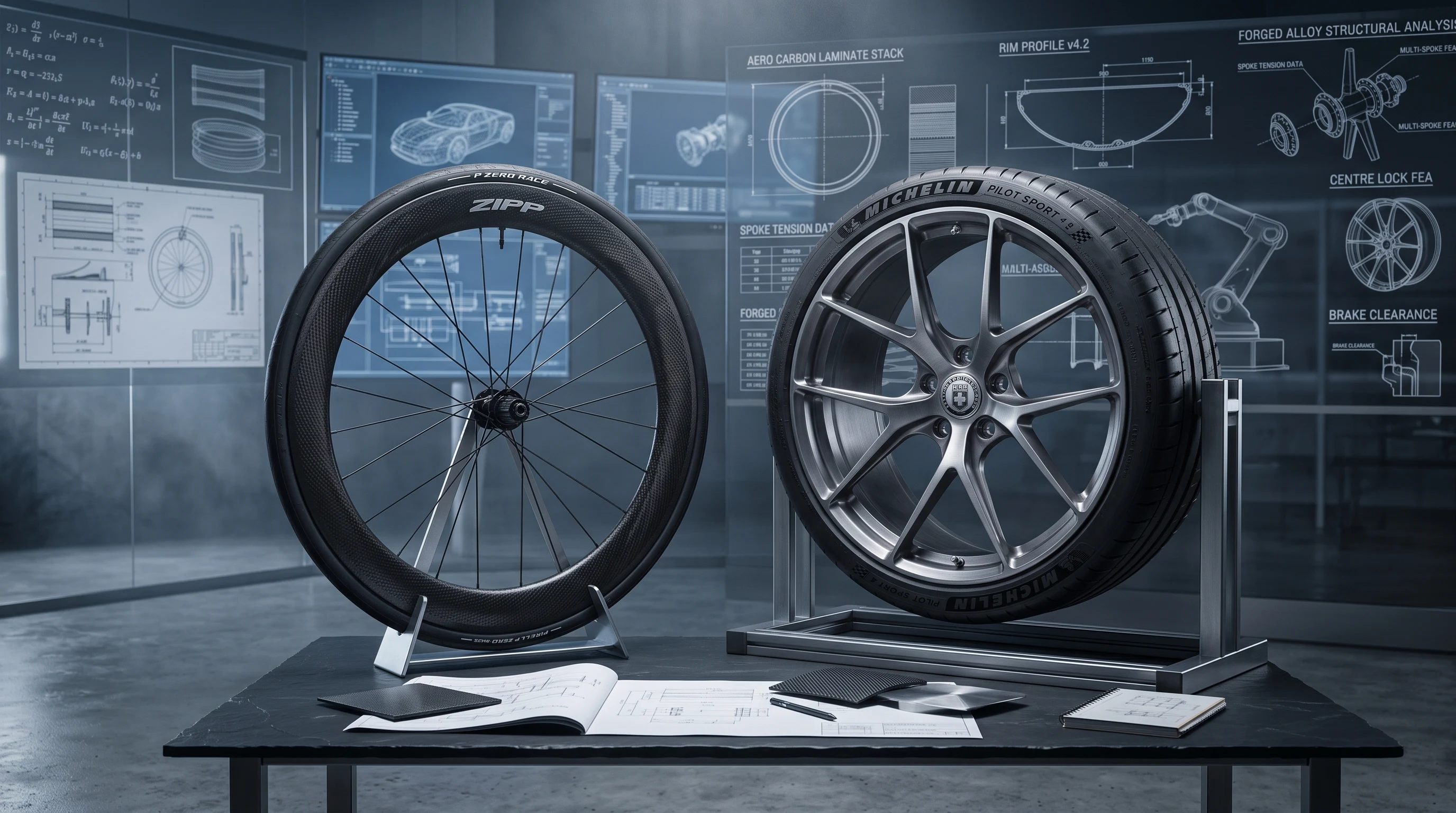 Roue de vélo de course en fibre de carbone et jante de voiture en alliage d'aluminium dans un atelier de conception mécanique